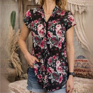 Siren Lily Dark Black Pink Dark Floral Blouse Tie Neck Size Small